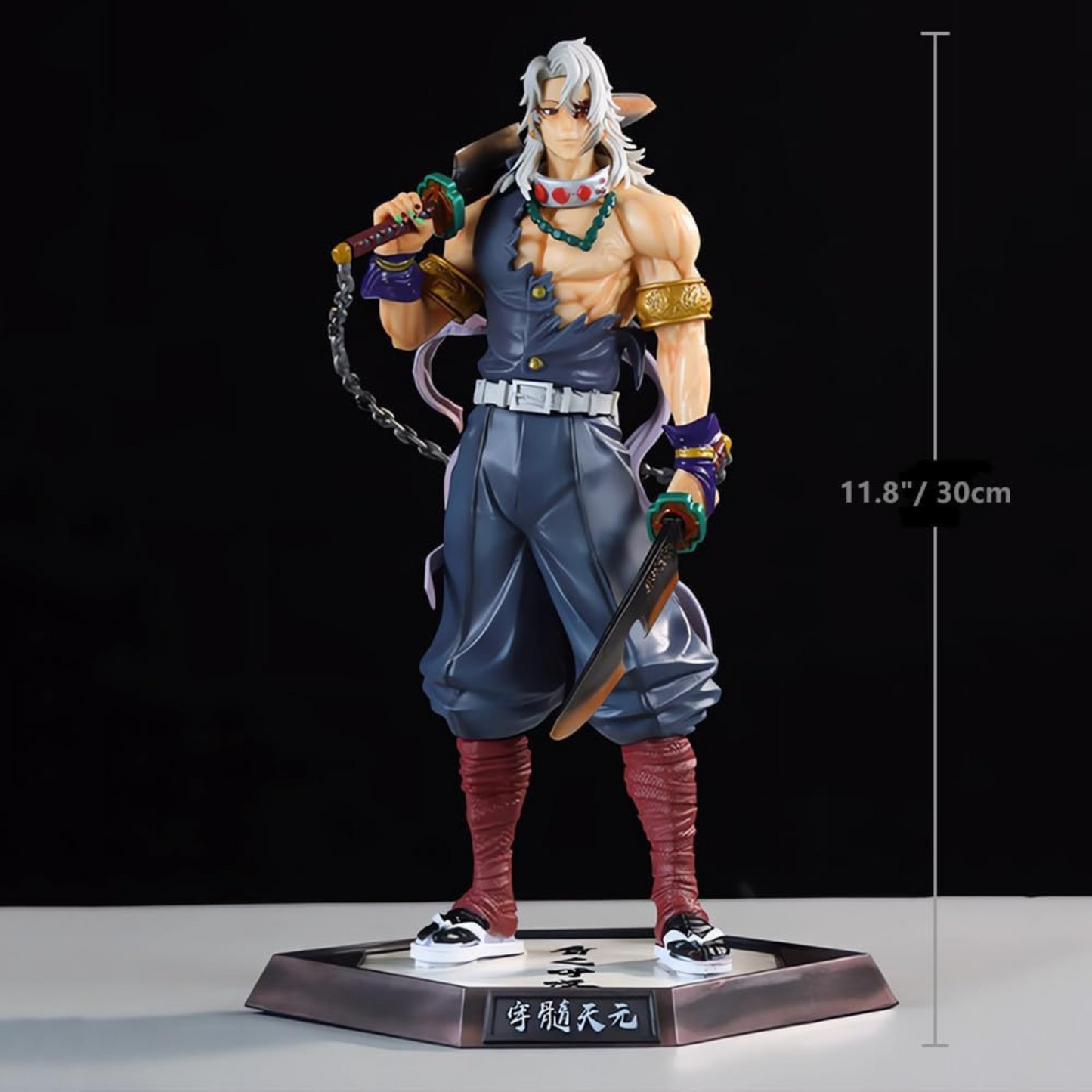 Tengen Uzui Demon Slayer Action Figure – 30 cm anime collectible with dual blades and detailed base.