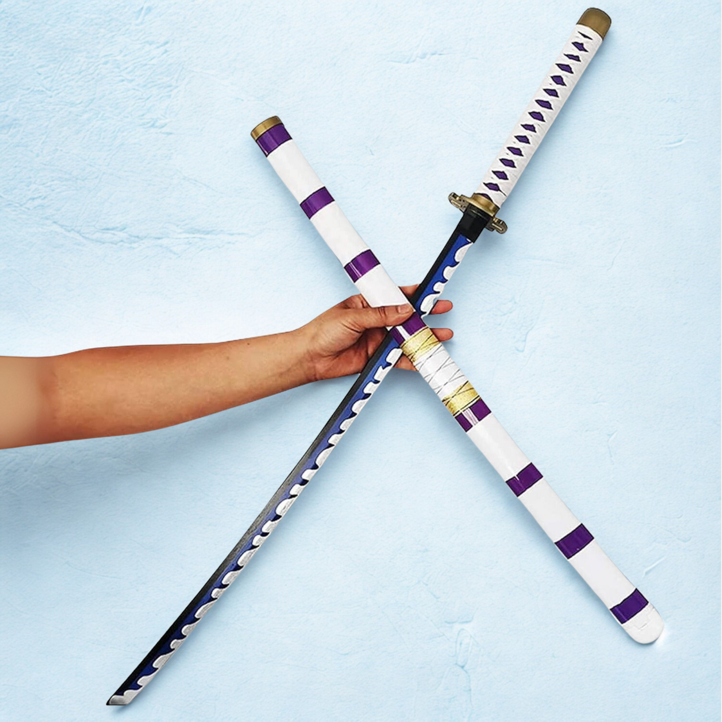 Wooden replica of Monkey D. Luffy's Nidai Kitetsu katana from One Piece, featuring white, purple, and yellow wrap detailing