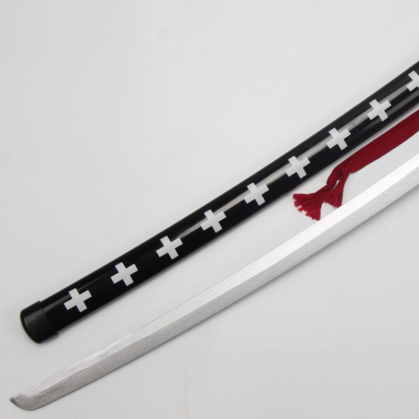 Golden-hilted Trafalgar D. Law Kikoku Wooden Katana from One Piece with white fur guard and black sheath featuring white crosse