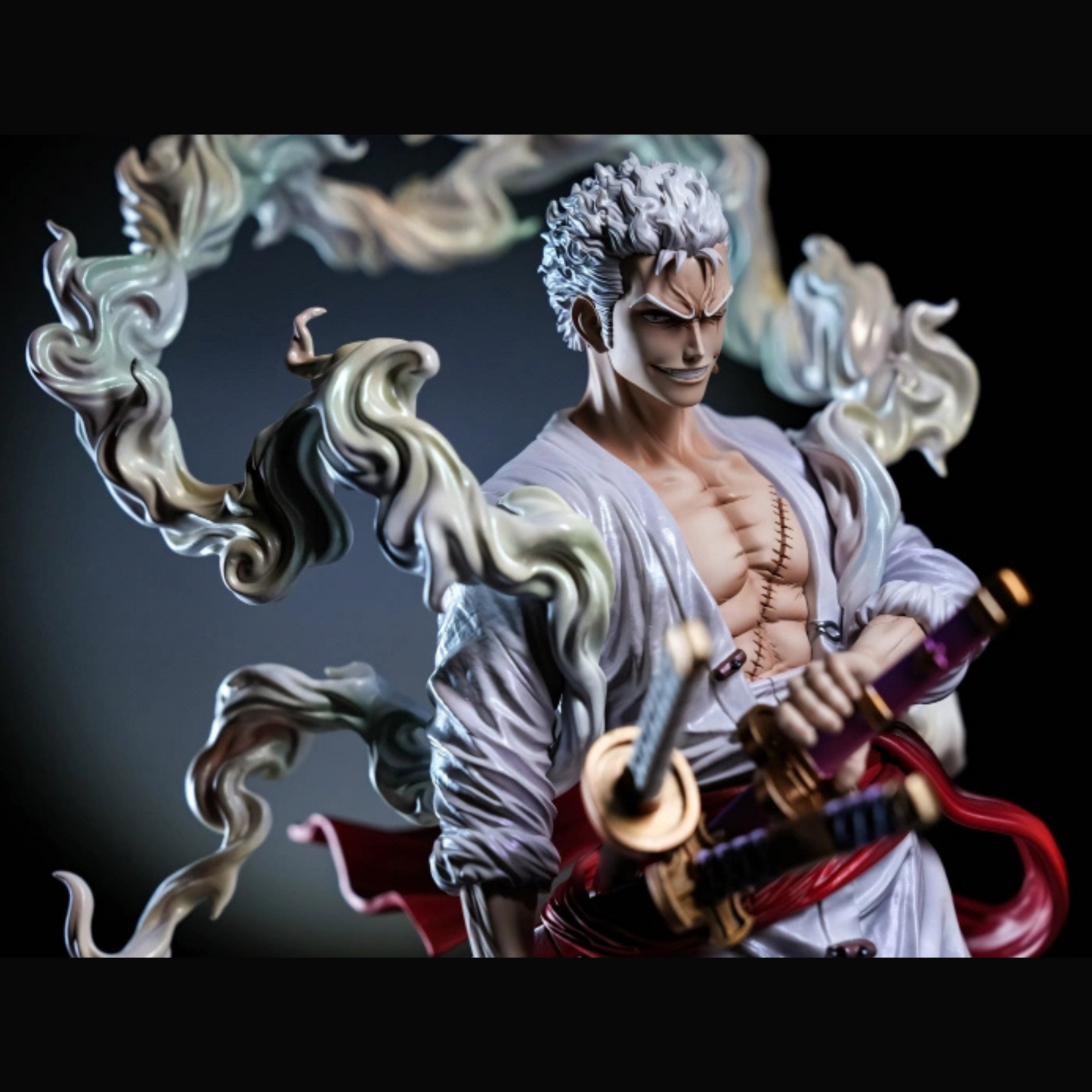 One Piece Roronoa Zoro Nika Form Action Figure in white robe with three swords and swirling smoke effects – 29 cm.