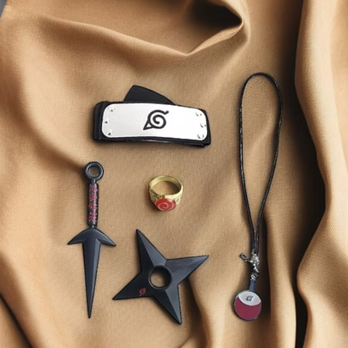 Naruto anime-themed blister pack containing ninja tools and cosplay accessories