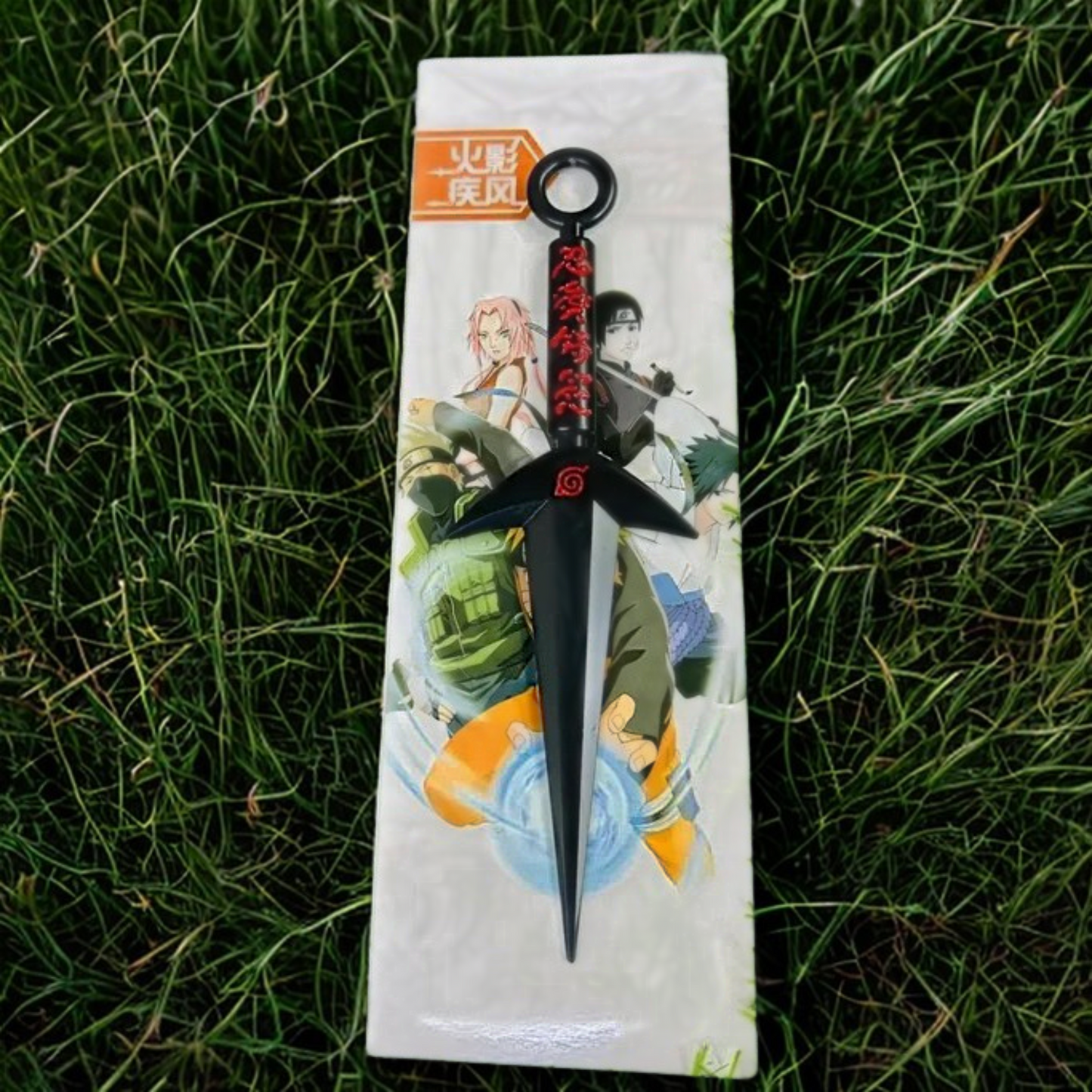 Naruto Minato Namikaze triple-blade black kunai replica with red kanji engraving on matte background