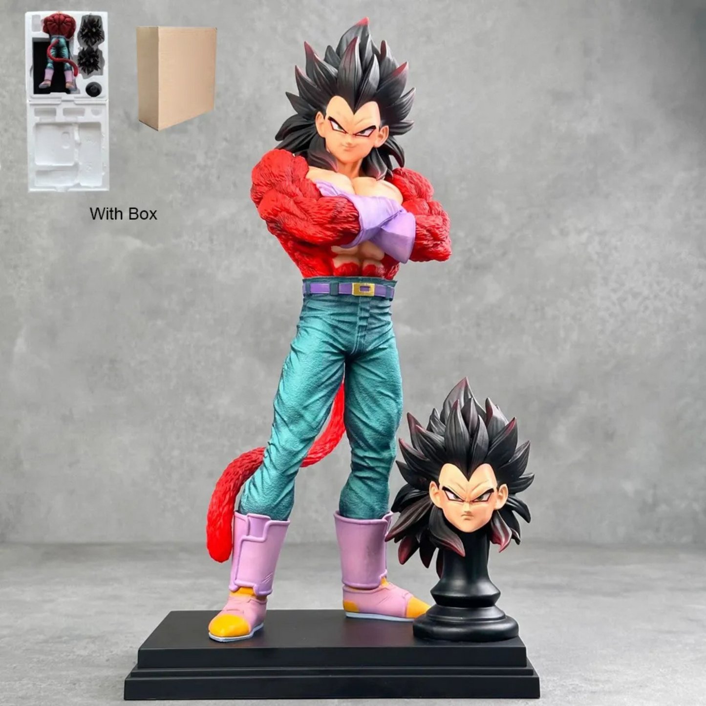 Dragon Ball Z Super Saiyan 4 Vegeta figure with interchangeable heads and box packaging, standing on a black base.