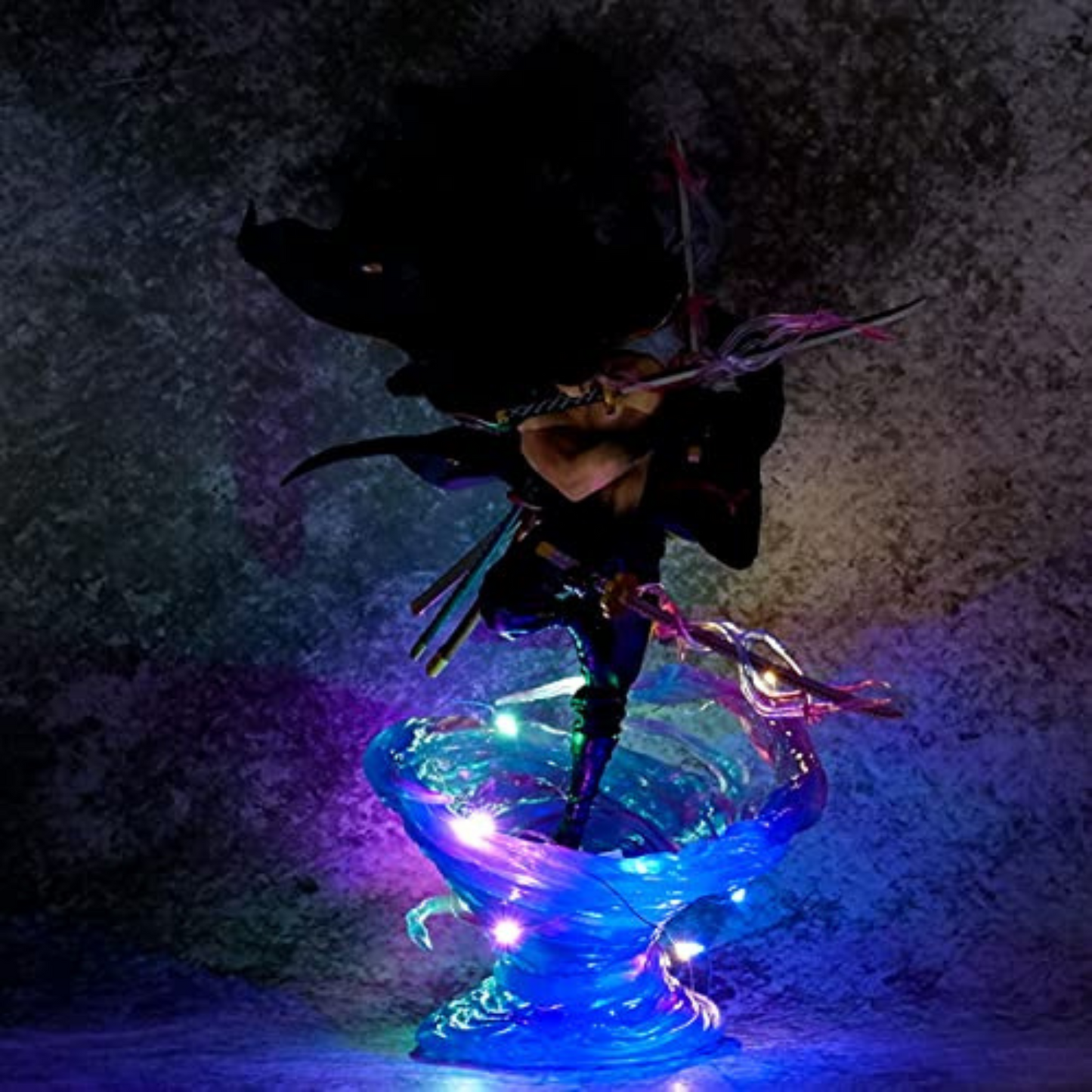 Roronoa Zoro Tornado Slash Action Figure with swirling base and three swords – One Piece collectible.