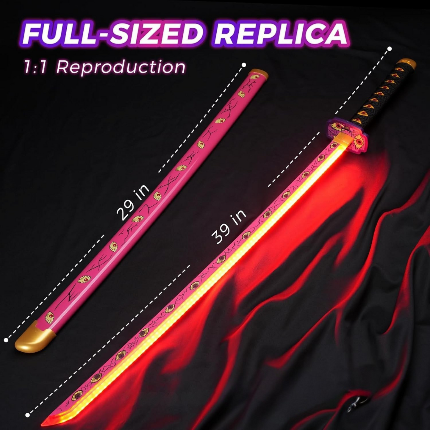 Pink LED katana with eye pattern and black handle from Demon Slayer
