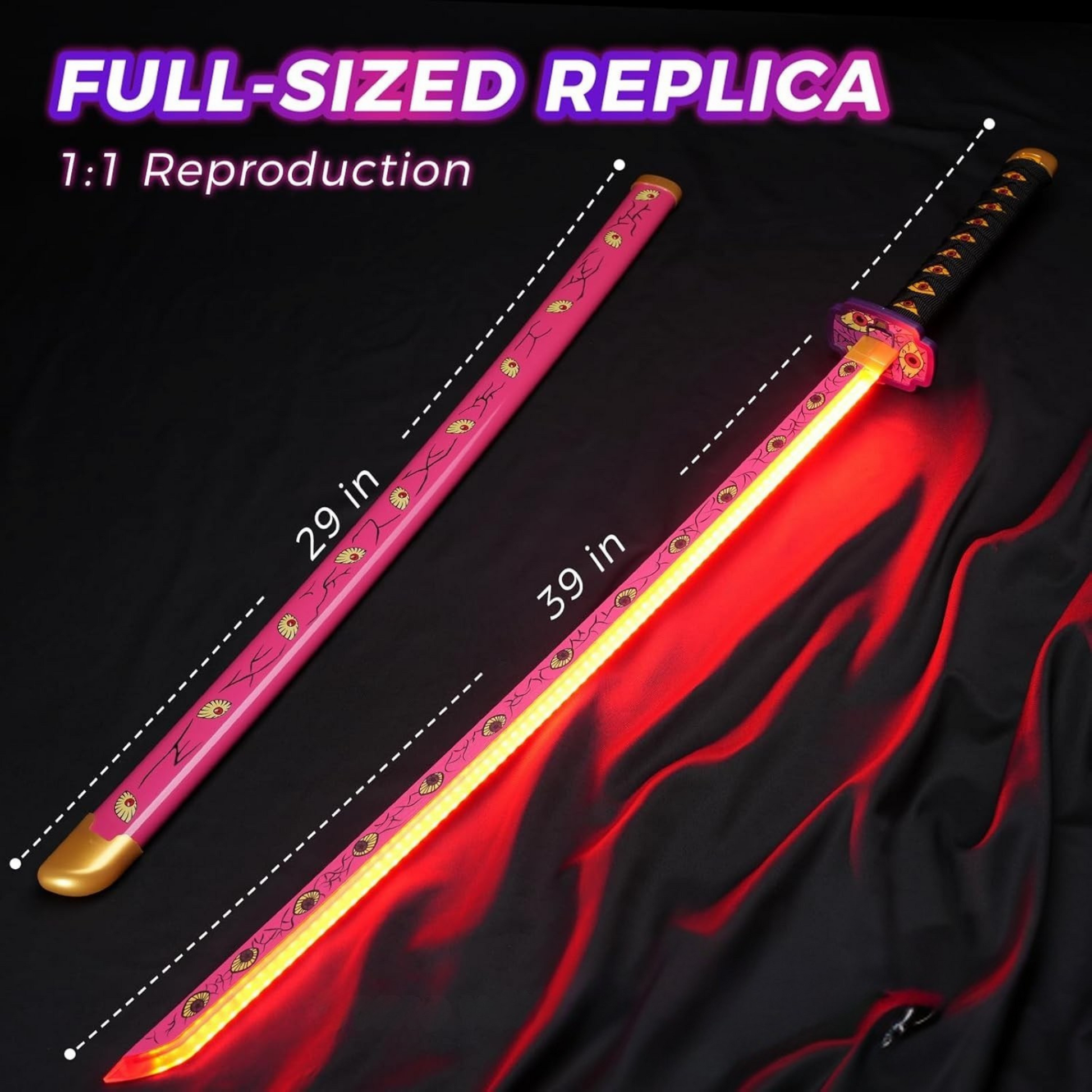 Pink LED katana with eye pattern and black handle from Demon Slayer