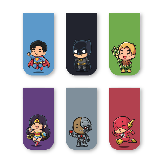 DC Justice League Magnetic Bookmarks – Set of 6 | Chibi Superman, Batman, Wonder Woman & More