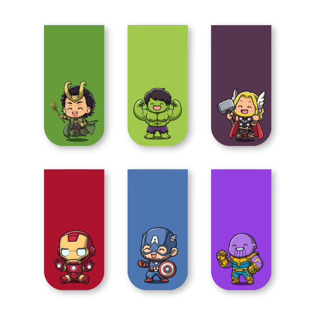 Marvel Avengers Magnetic Bookmarks – Set of 6 | Chibi Iron Man, Thor, Hulk, Thanos & More