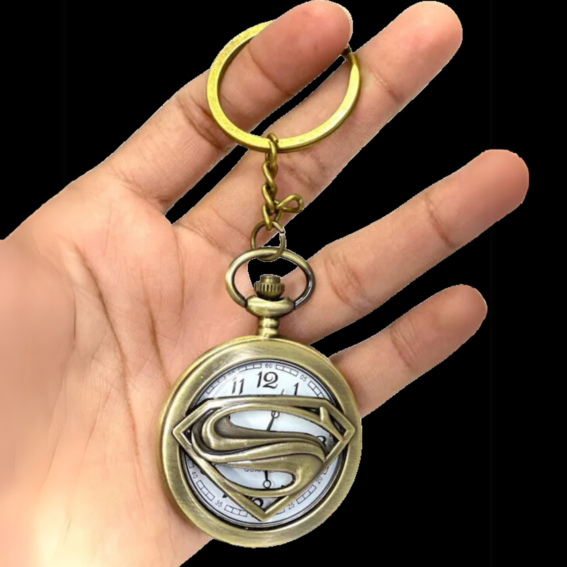 Vintage bronze Superman metal pocket watch keychain with open-view dial and iconic 'S' emblem