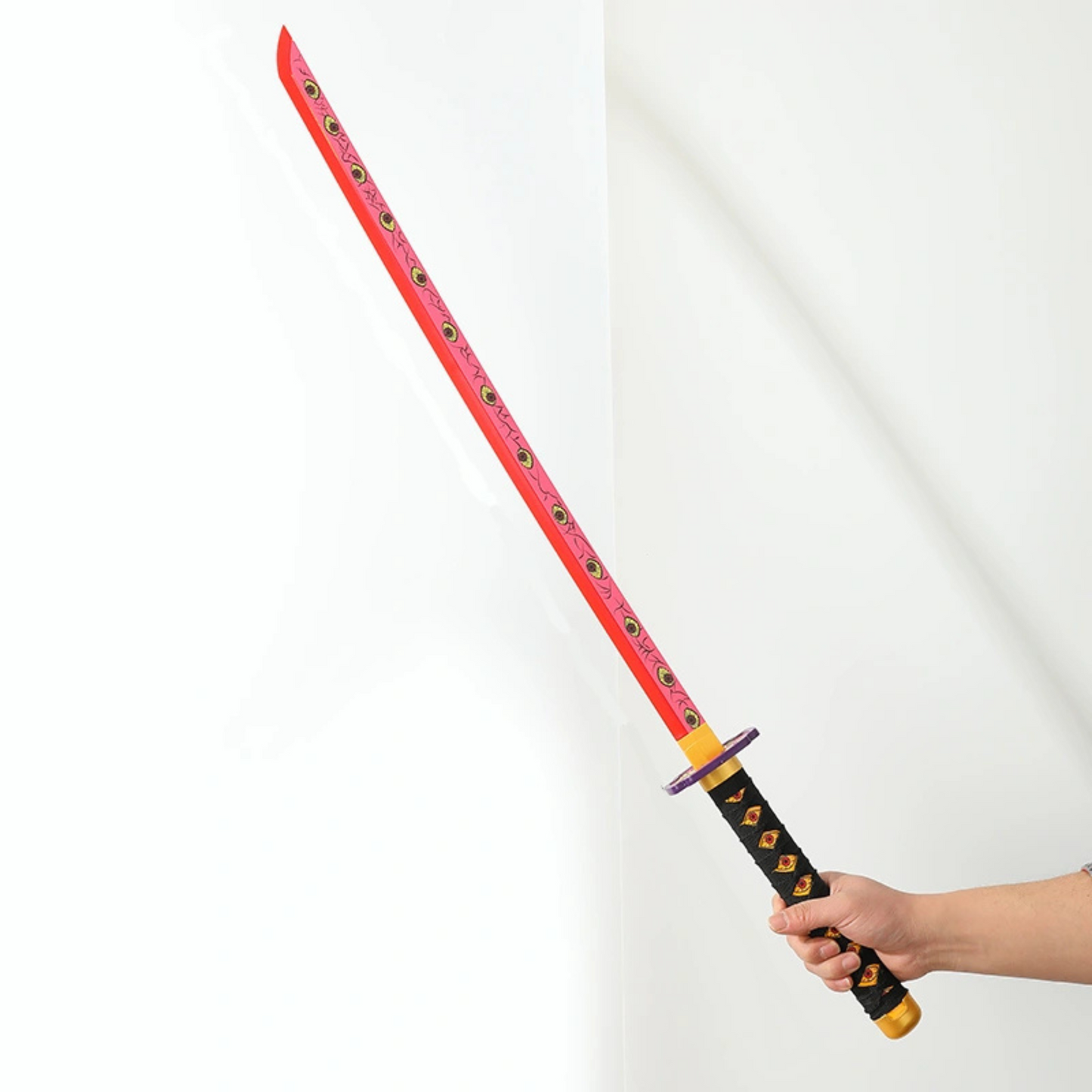 Kokushibo Nichirin LED katana with pink blade, multiple eyes, scabbard, belt strap, and stand