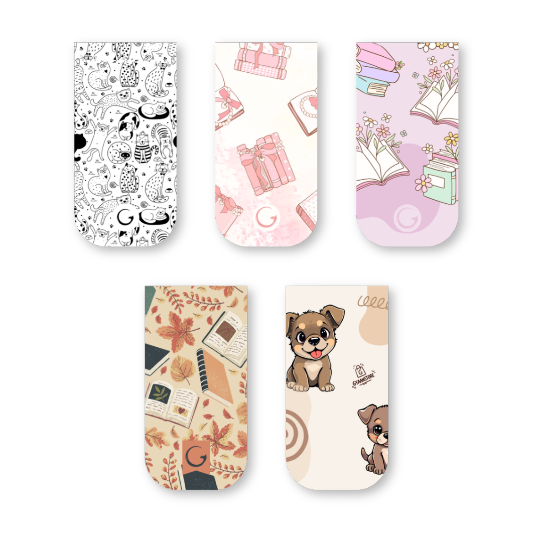 Cute Aesthetic Magnetic Bookmarks – Set of 5 | Cats, Books, Floral & Puppy Designs