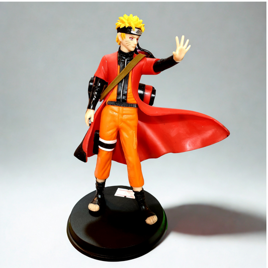 Naruto Uzumaki standing figure with red cloak, orange jumpsuit, and black ninja sandals on a round base.