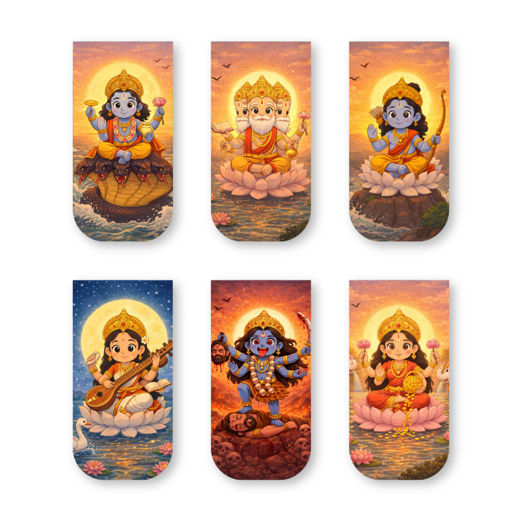 Trimurti & Tridevi Magnetic Bookmarks – Set of 6 | Vishnu, Brahma, Ram, Saraswati, Kali & Lakshmi
