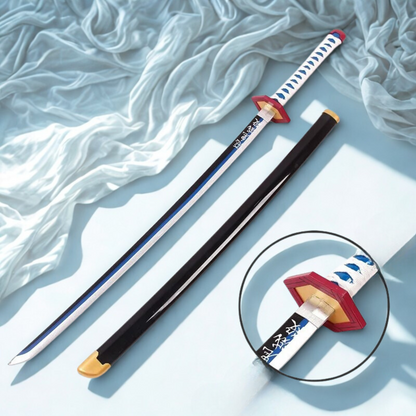 Giyu Tomioka wooden katana replica from Demon Slayer with blue-edged blade, white and blue handle, and black sheath on display stand