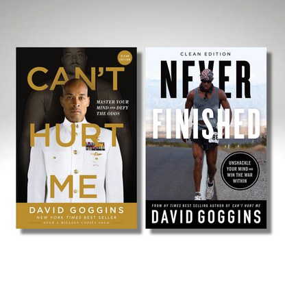Two book covers by David Goggins on a light gray background