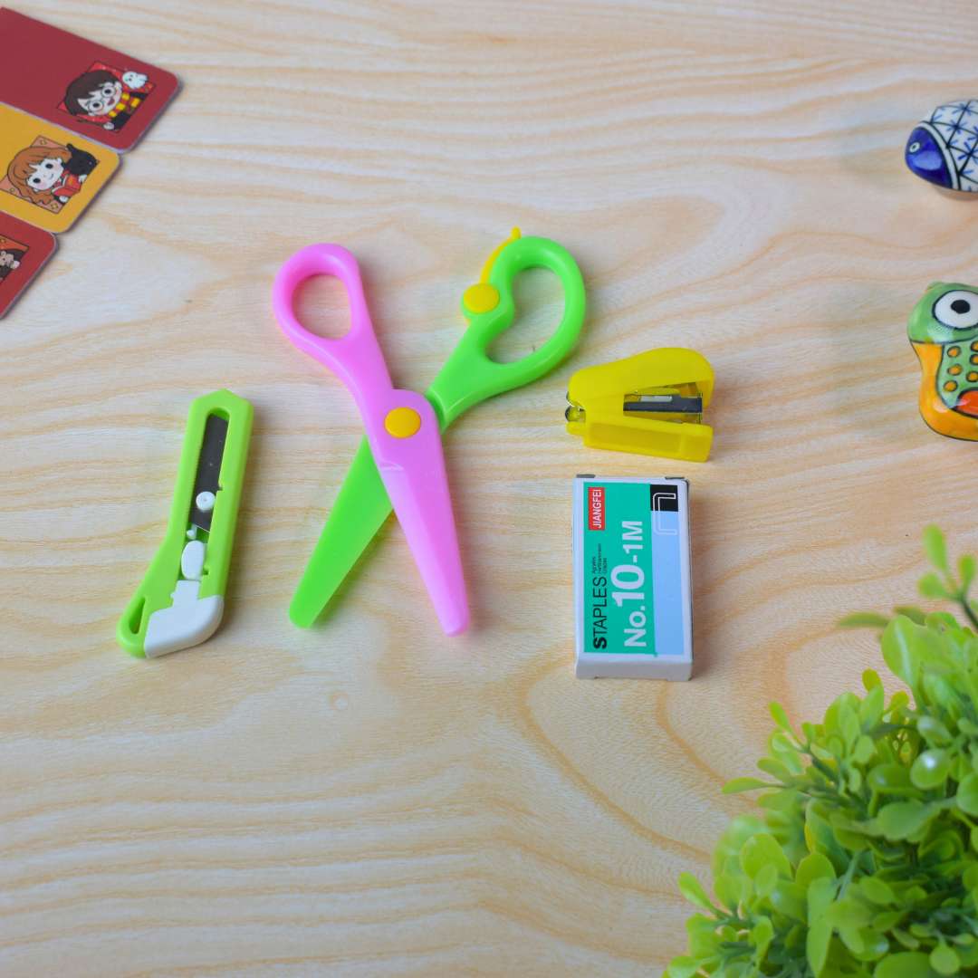 Mini Office Stationery Set with Stapler, Scissors, Washi Tape, 400 Staples, Mixed Colours