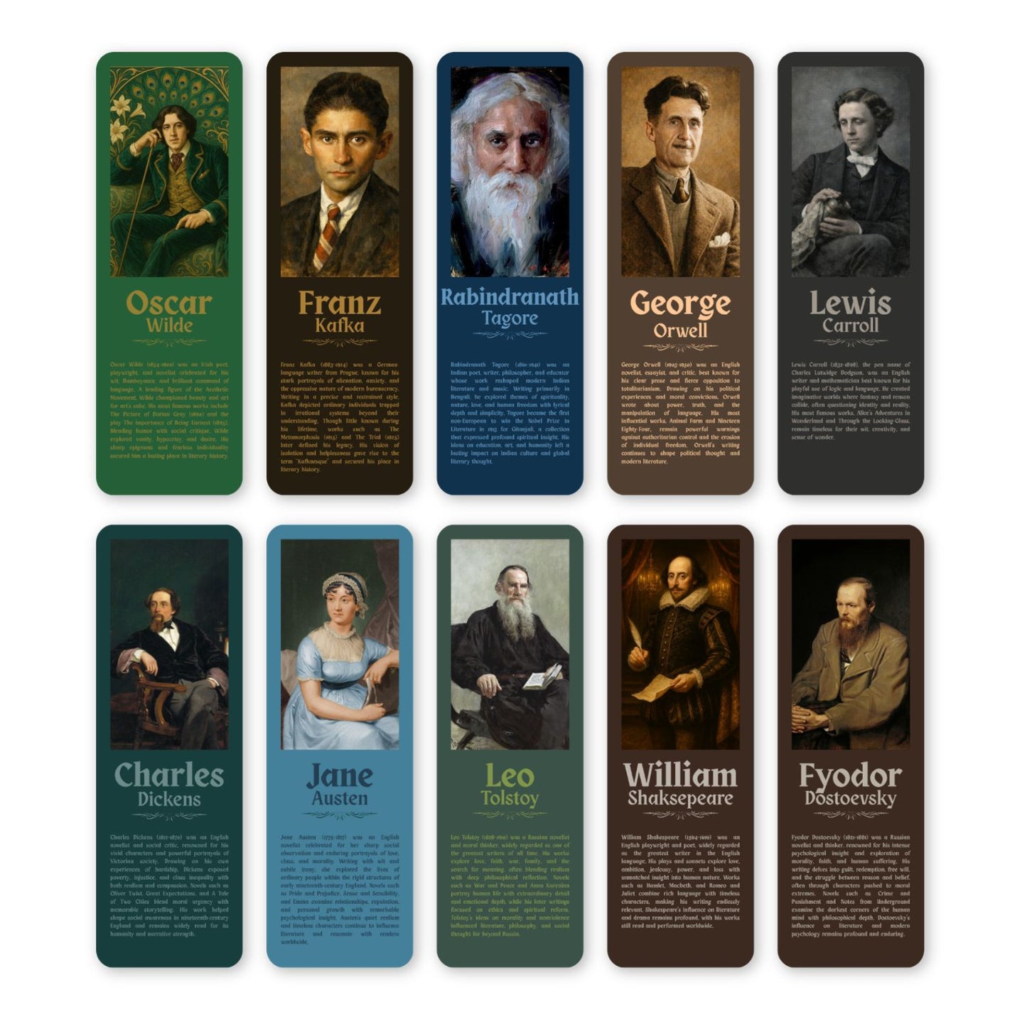 Legendary Authors Bookmarks – Set of 10 | Mini Bios & Famous Quotes
