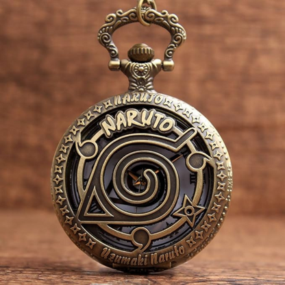 Vintage-style Naruto pocket watch keychain with engraved Hidden Leaf Village swirl symbol and Uzumaki Naruto text on the front cover, in antique bronze finish.