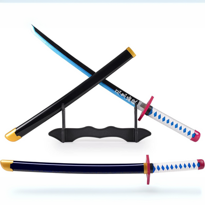Giyu Tomioka wooden katana replica from Demon Slayer with blue-edged blade, white and blue handle, and black sheath on display stand