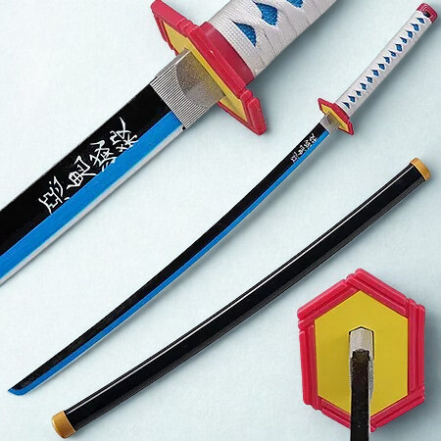 Giyu Tomioka wooden katana replica from Demon Slayer with blue-edged blade, white and blue handle, and black sheath on display stand
