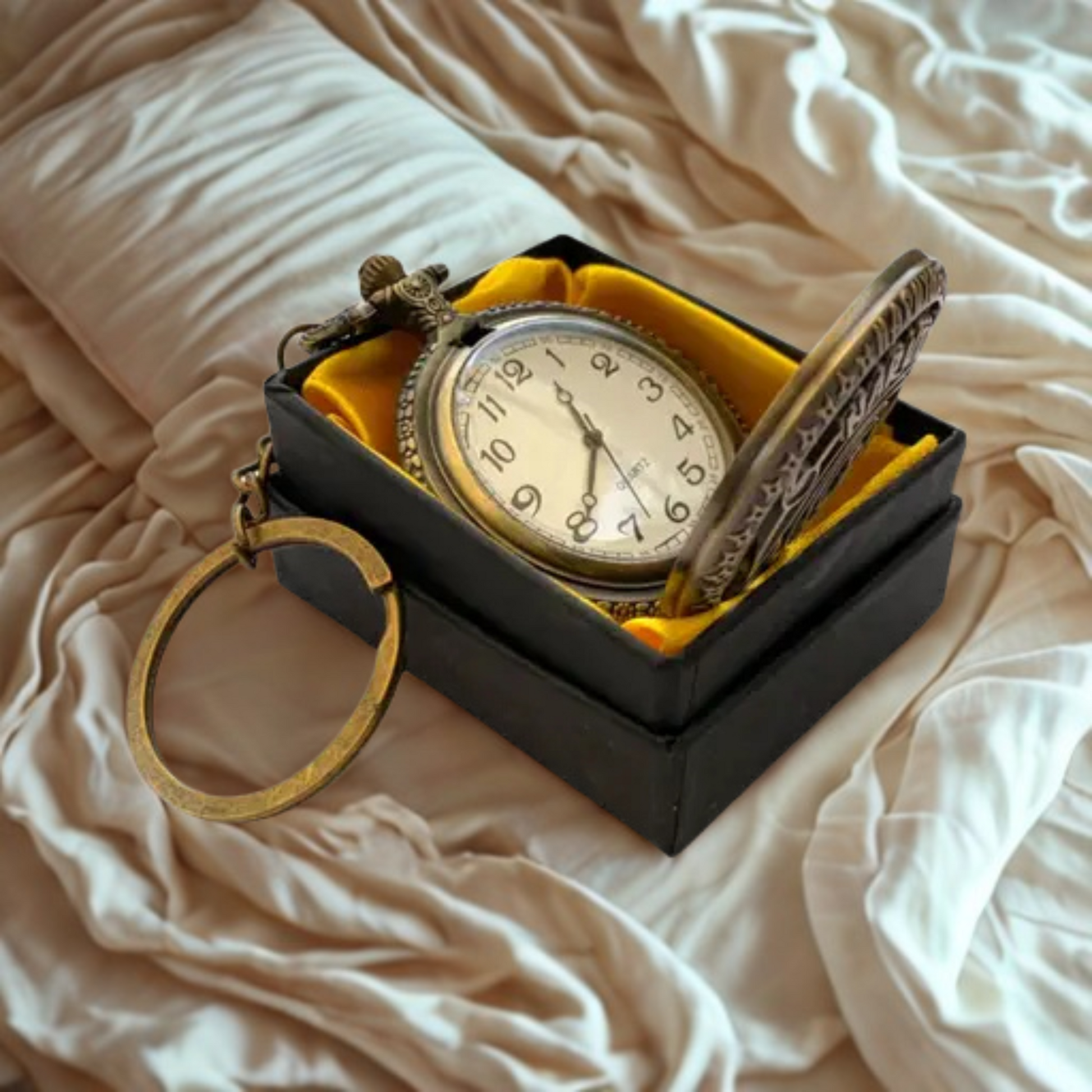 Opened Naruto pocket watch showing Roman numeral dial with the Leaf Village symbol at the center, designed in an antique bronze casing with intricate crown detail.