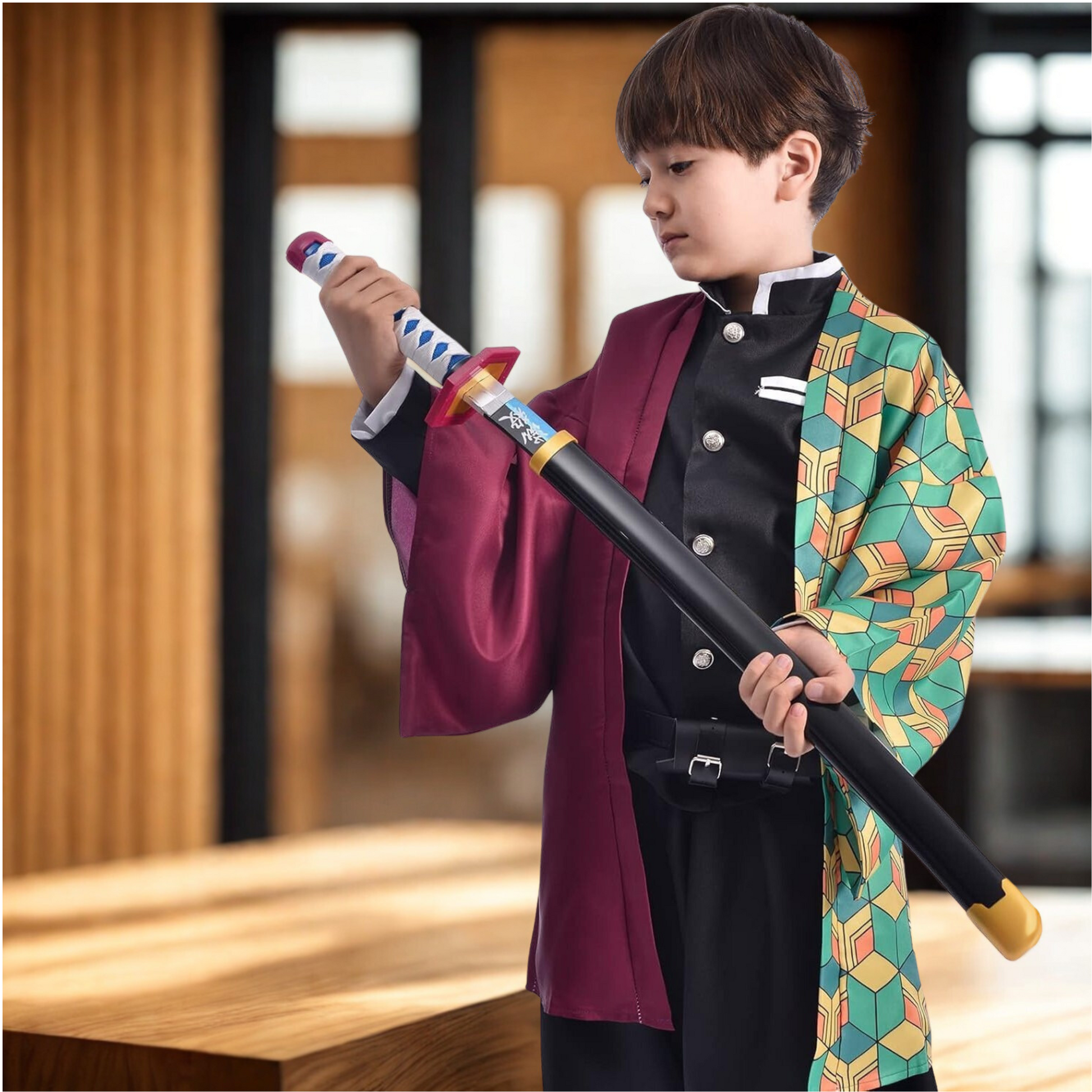 Giyu Tomioka wooden katana replica from Demon Slayer with blue-edged blade, white and blue handle, and black sheath on display stand
