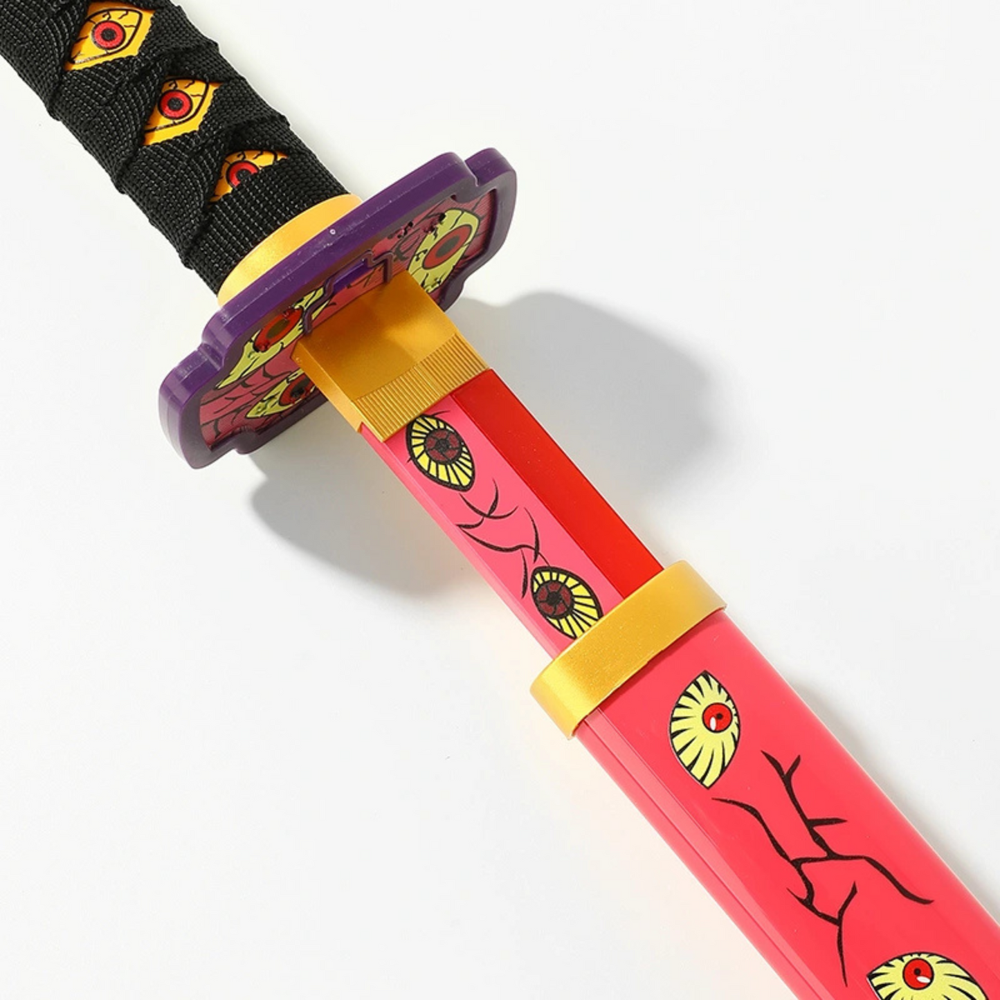 Kokushibo Nichirin Wooden katana with pink blade, multiple eyes, scabbard, belt strap, and stand