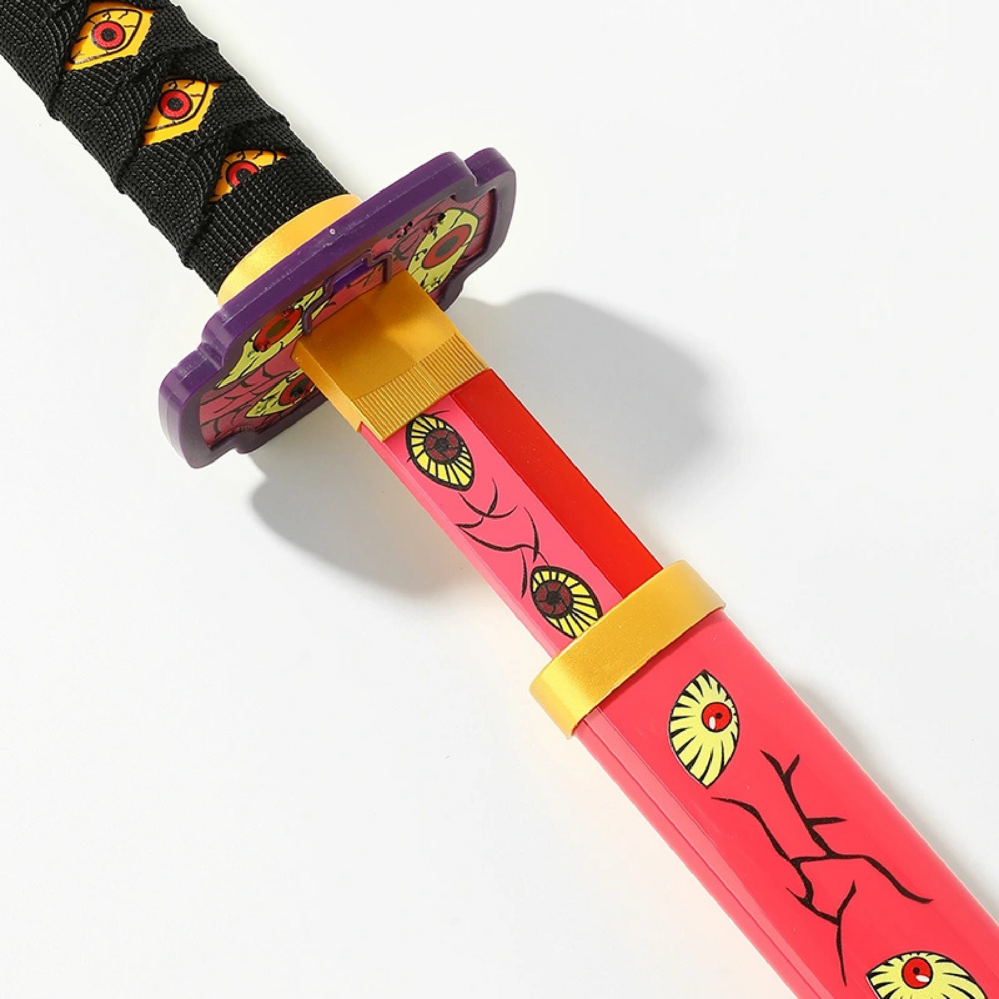 Kokushibo Nichirin Wooden katana with pink blade, multiple eyes, scabbard, belt strap, and stand