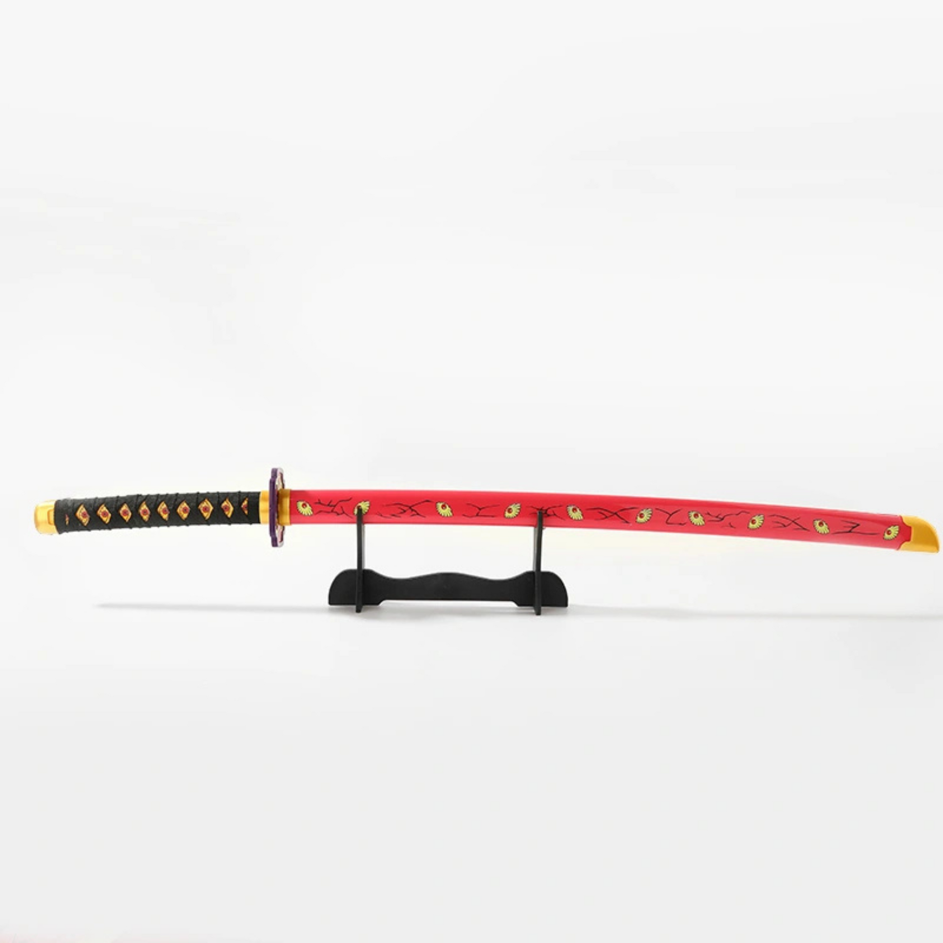 Kokushibo Nichirin Wooden katana with pink blade, multiple eyes, scabbard, belt strap, and stand