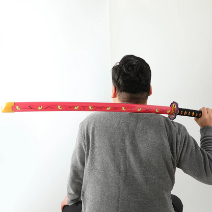 Kokushibo Nichirin Wooden katana with pink blade, multiple eyes, scabbard, belt strap, and stand