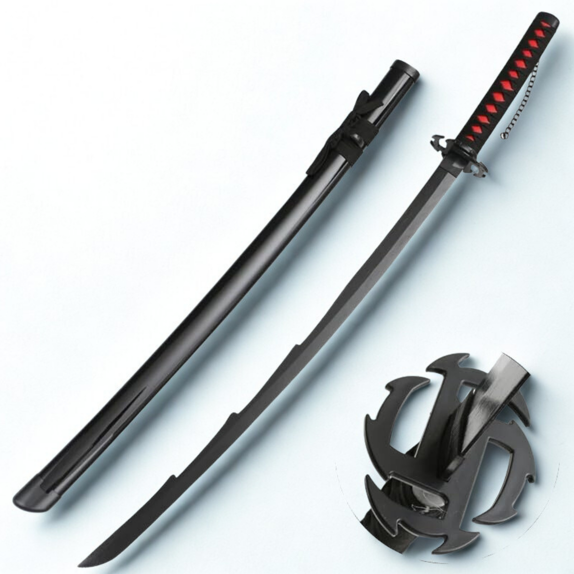 Black and red Ichigo Kurosaki wooden katana from Bleach anime, with jagged blade and decorative guard