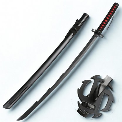 Black and red Ichigo Kurosaki wooden katana from Bleach anime, with jagged blade and decorative guard