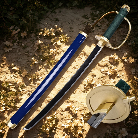 Shanks wooden katana unassembled anime replica with gold hilt, black blade, and blue scabbard displayed on floral sand background