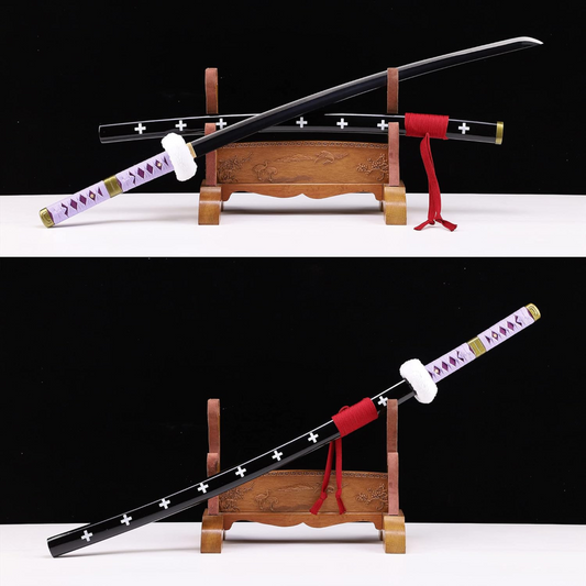 Trafalgar D. Law Kikoku Wooden Katana with purple handle, white guard, and black sheath featuring white crosses, displayed on a wooden stand