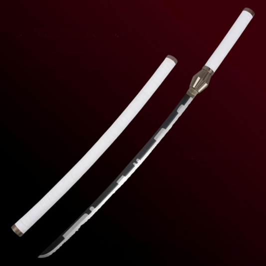 Kenpachi Zaraki’s Zanpakuto replica wooden katana with white scabbard and jagged silver-edge blade from Bleach