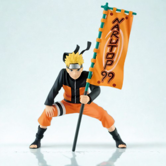 Naruto Uzumaki action figure holding Narutop 99 flag in dynamic pose – 15 cm collectible from Naruto Shippuden