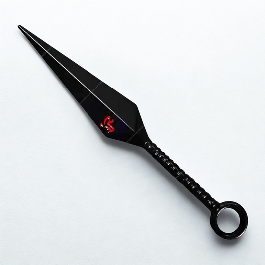 Naruto Asuma's Chakra Blade replica with black metallic finish and red kanji symbol, displayed vertically against a textured grey background