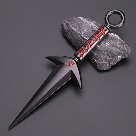 Naruto Minato Namikaze triple-blade black kunai replica with red kanji engraving on matte background
