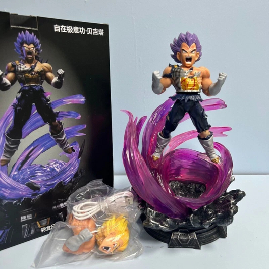 Dragon Ball Z action figure of Super Saiyan Ultra Instinct Vegeta with LED base, purple energy swirl, and interchangeable heads.