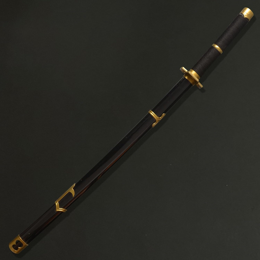 Roronoa Zoro’s Yubashiri wooden katana replica with black sheath and gold accents, 104 cm long