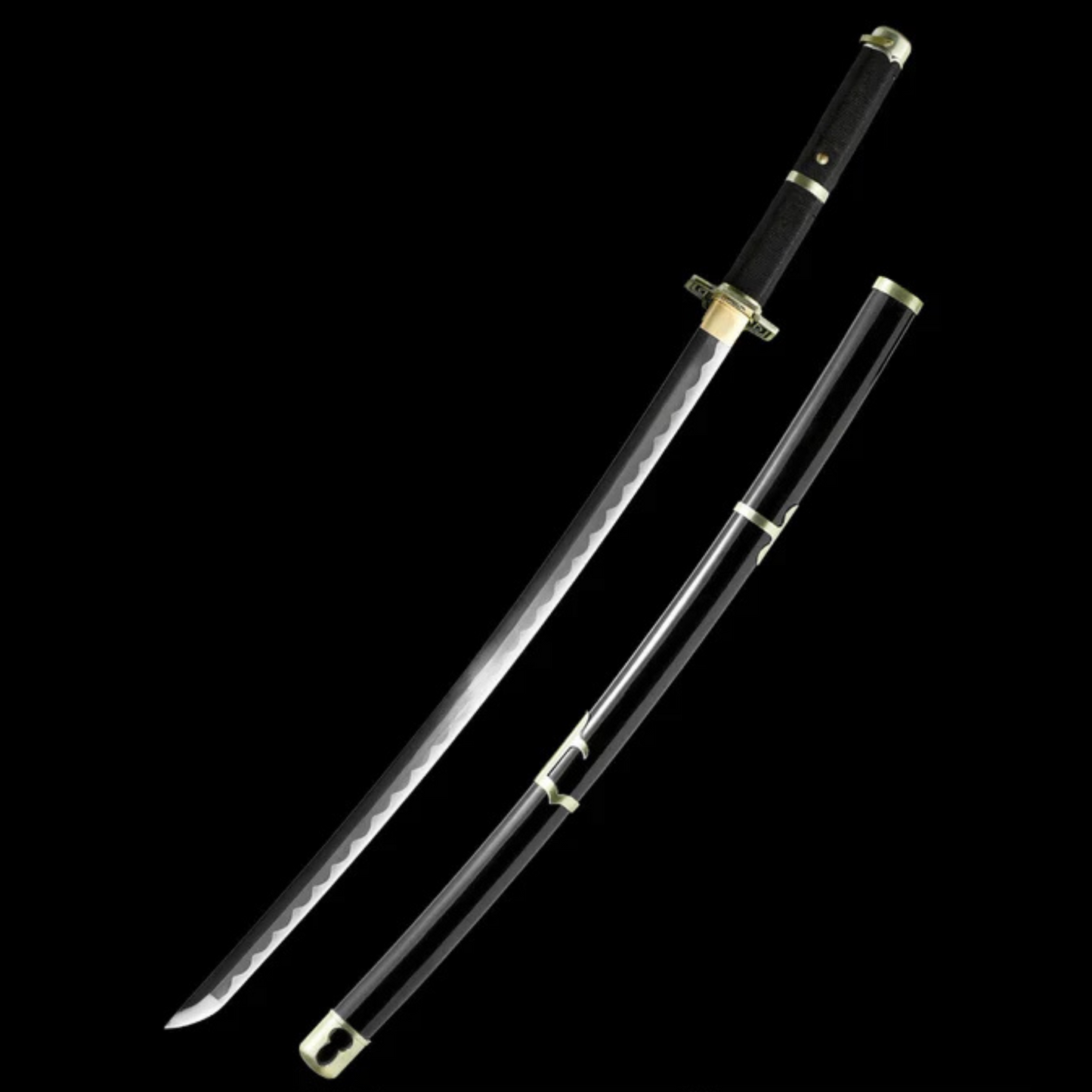 Roronoa Zoro’s Yubashiri wooden katana replica with black sheath and gold accents, 104 cm long