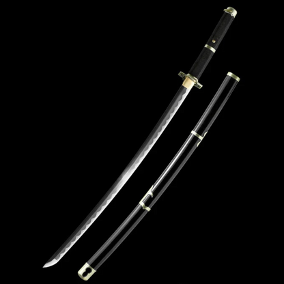 Roronoa Zoro’s Yubashiri wooden katana replica with black sheath and gold accents, 104 cm long