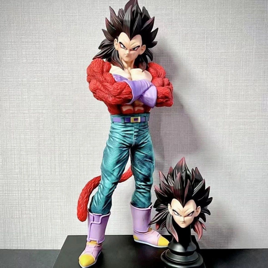 Dragon Ball Z Super Saiyan 4 Vegeta figure with interchangeable heads and box packaging, standing on a black base.
