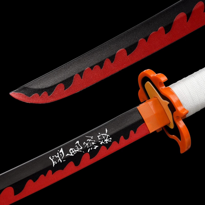 Wooden replica of Kyojuro Rengoku’s Nichirin katana with flame-patterned scabbard