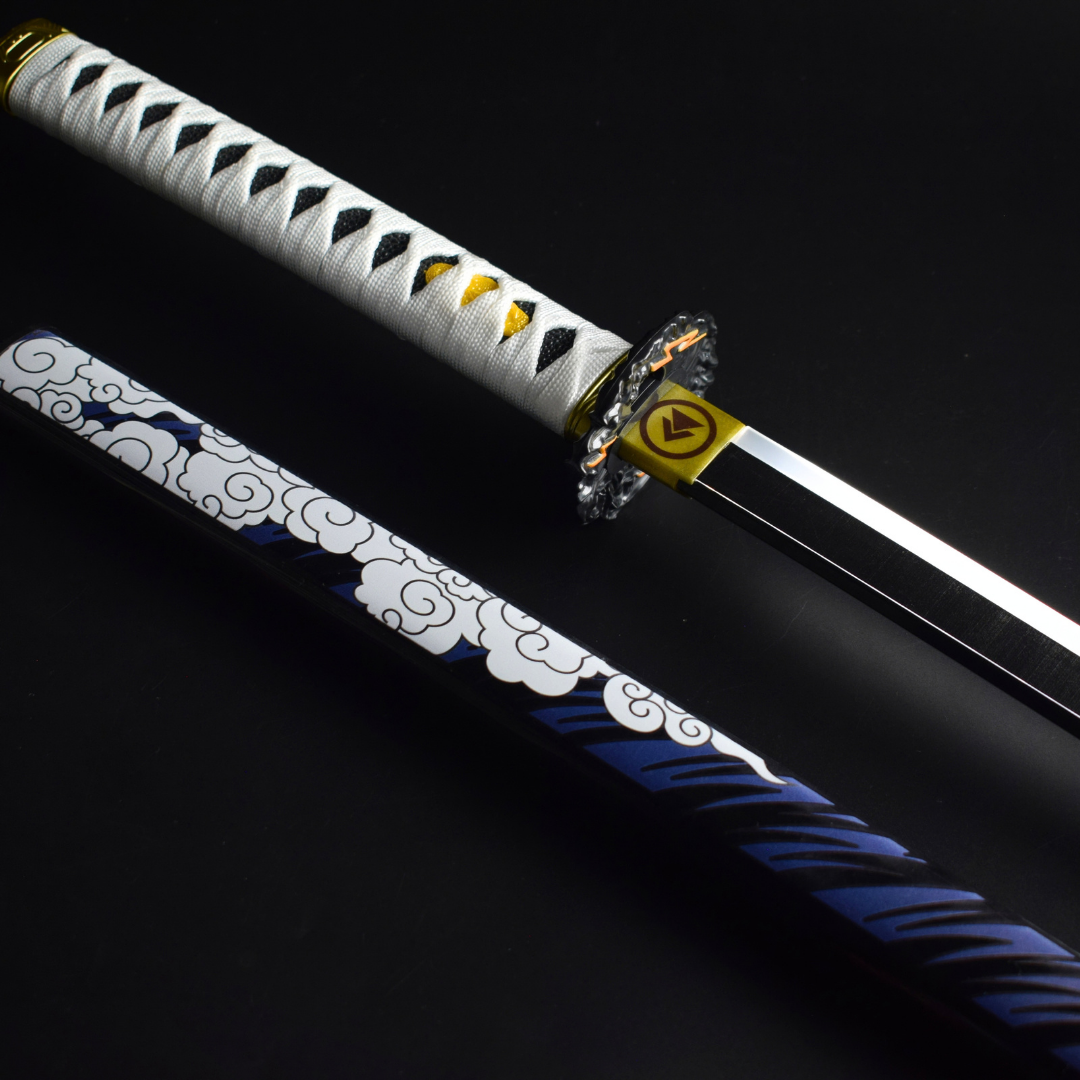 Ghost of Tsushima: Jin Sakai LED Katana 104cm - white diamond-wrap handle, storm tsuba and the black cloud-pattern saya