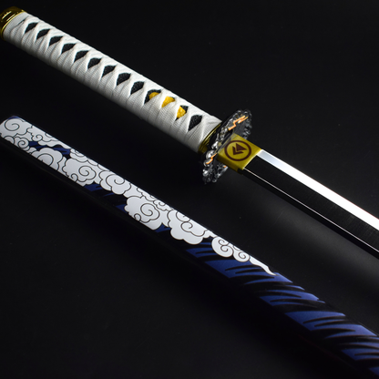 Ghost of Tsushima: Jin Sakai LED Katana 104cm - white diamond-wrap handle, storm tsuba and the black cloud-pattern saya