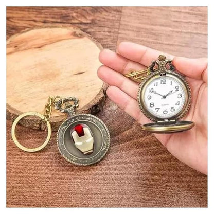 Iron Man Pocket Watch Keychain Antique Vintage Classic Retro Metal Keychain for Car Bikes Key Ring