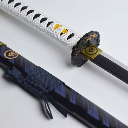 Ghost of Tsushima: Jin Sakai Wooden Katana 104cm - white diamond-wrap handle and storm tsuba beside the blue-streaked saya