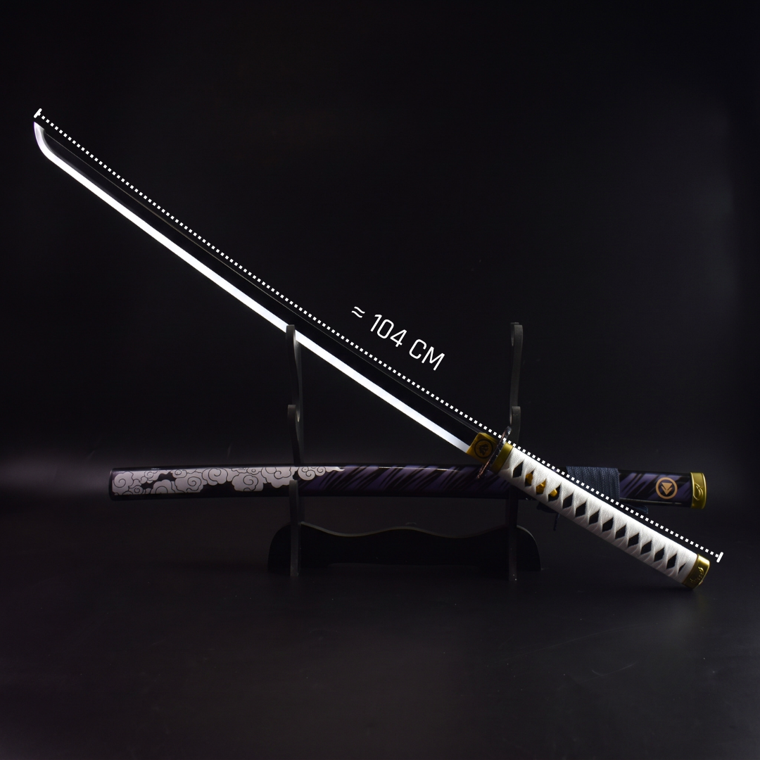 Ghost of Tsushima: Jin Sakai LED Katana 104cm - full length on its stand with the blade lit, 104 cm