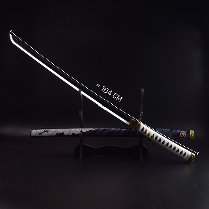 Ghost of Tsushima: Jin Sakai LED Katana 104cm - full length on its stand with the blade lit, 104 cm